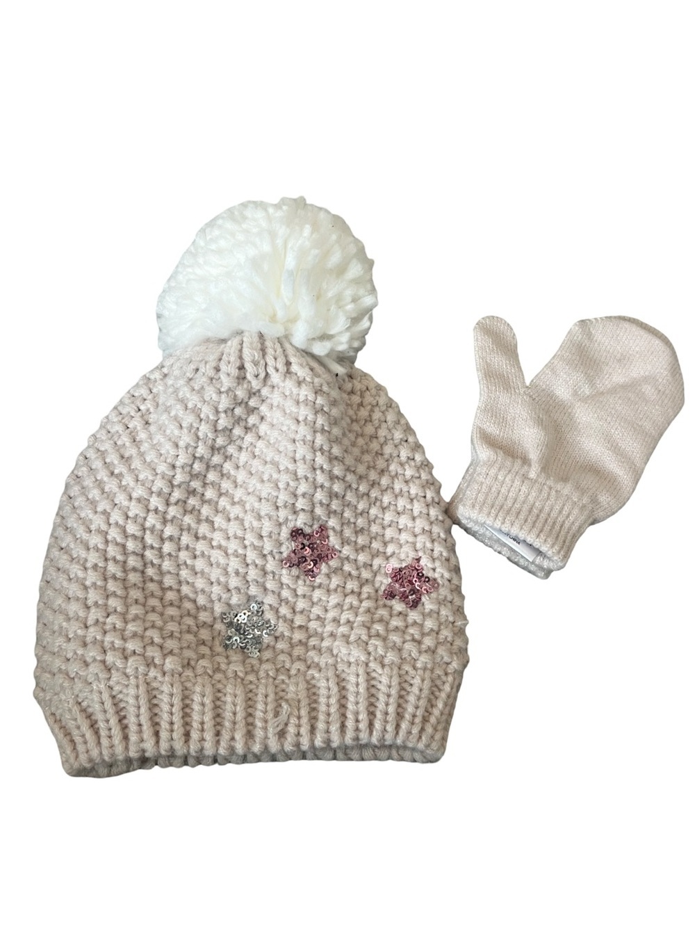 Nicole Miller Cream Knit Pom Hat with Sequin Star Accents w/ Glove Size: 2T-4T.